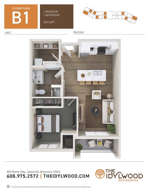 Floor plan for 1 bed, 1 bath, 650 sqft